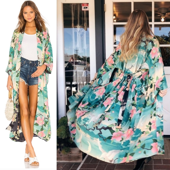 New Spell Designs Nightingale Reversible Kimono Robe Teal Black S/M Duster Lily - Picture 2 of 16